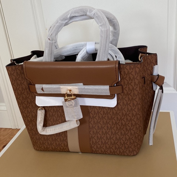 NWT-MICHAEL MICHAEL KORS Hamilton Legacy Large Logo Stripe Belted Satchel - Picture 12 of 15